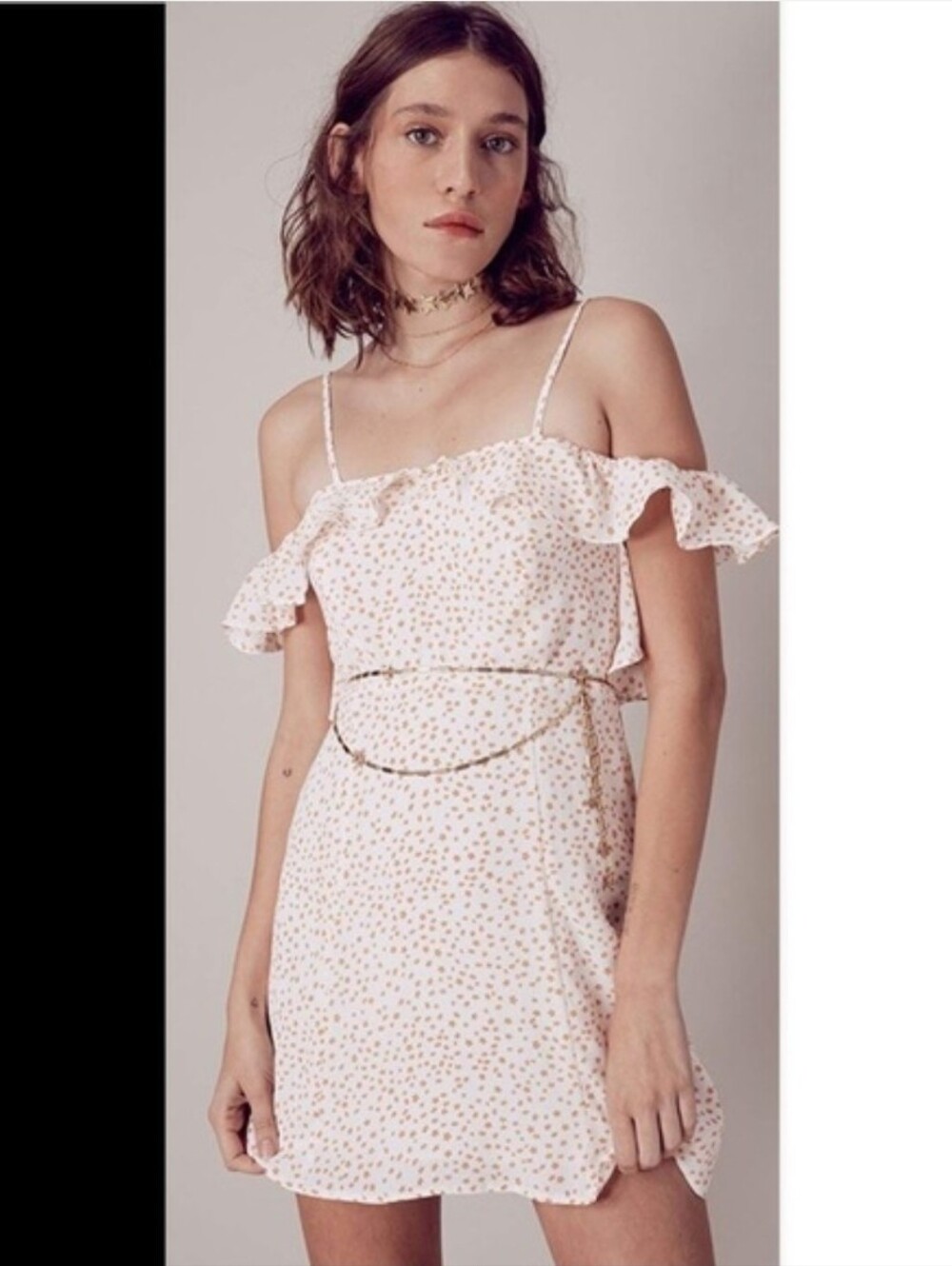 For The Love Of Lemons Off-Shoulder Spotted Mini Dress in Cream Size Small